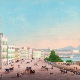 Riviera di Chiaia (Ривьера ди Кьяйя). Неизвестный художник. Неаполь. Акварель, гуашь. 1840-е